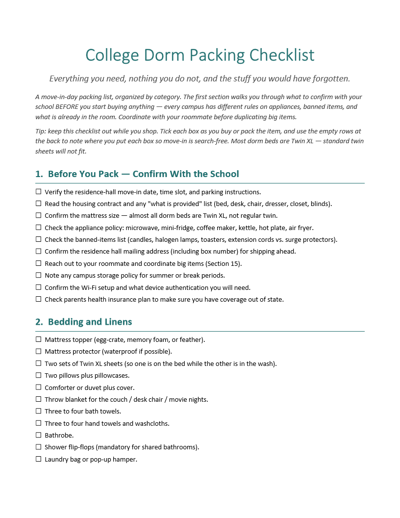 College Dorm Packing Checklist