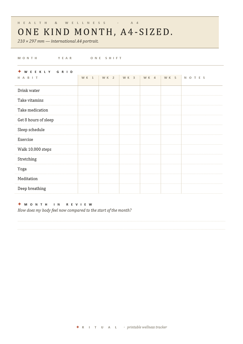 A4 Size — Health & Wellness Tracker