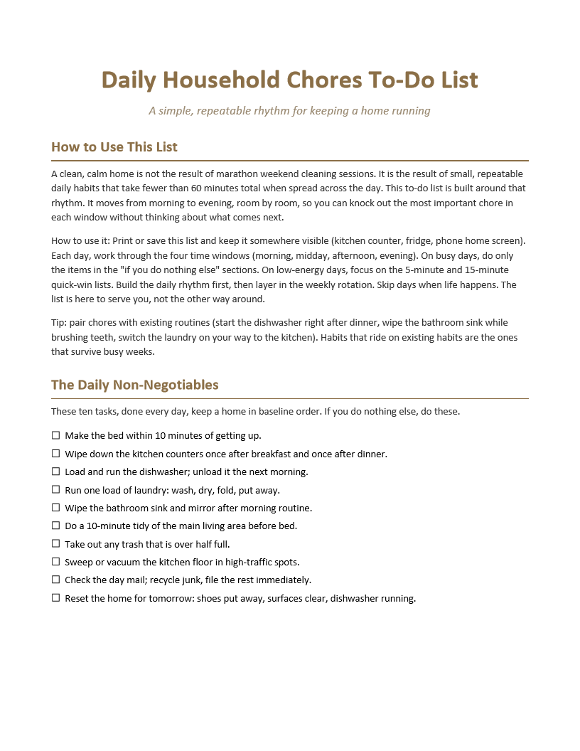 Daily Household Chores To-Do List