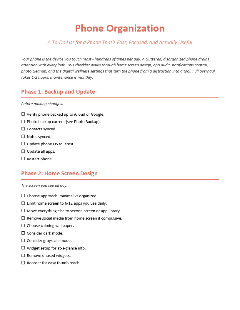 Phone Organization To-Do List