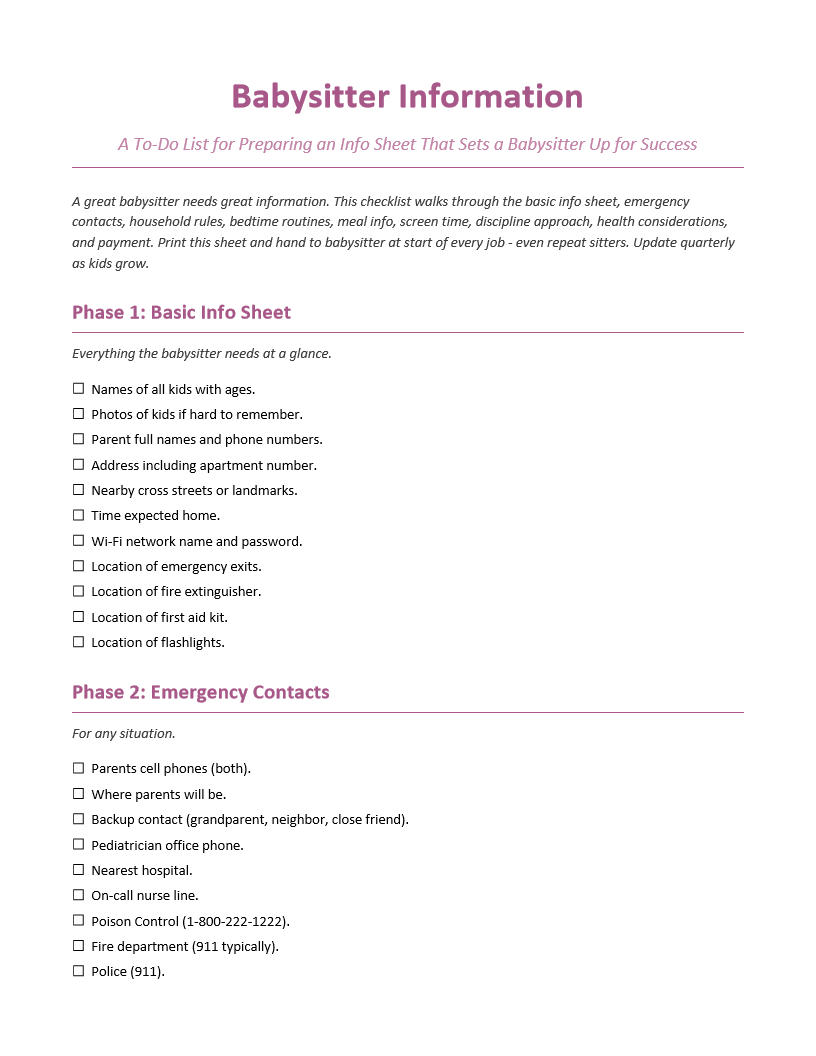 Babysitter Information To-Do List