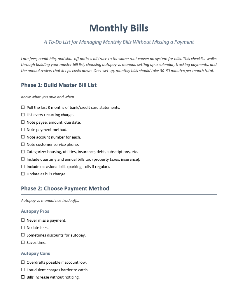 Monthly Bills To-Do List