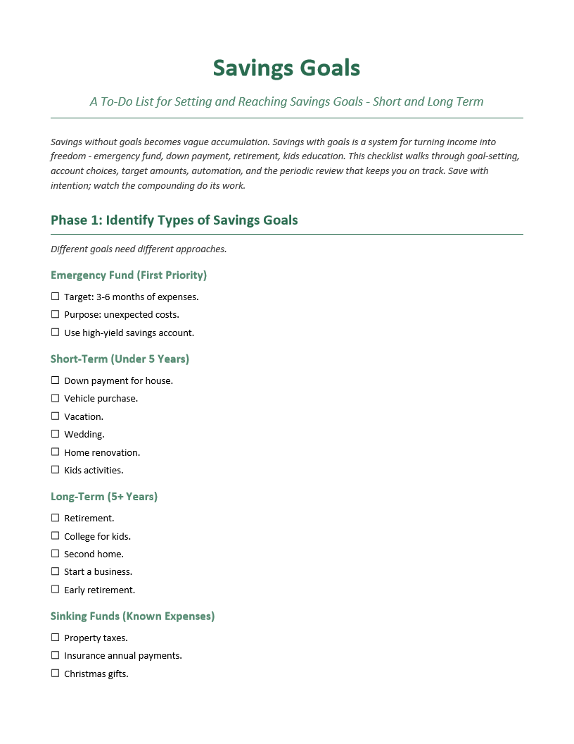 Savings Goals To-Do List