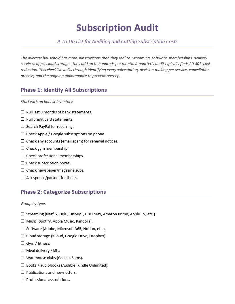 Subscription Audit To-Do List