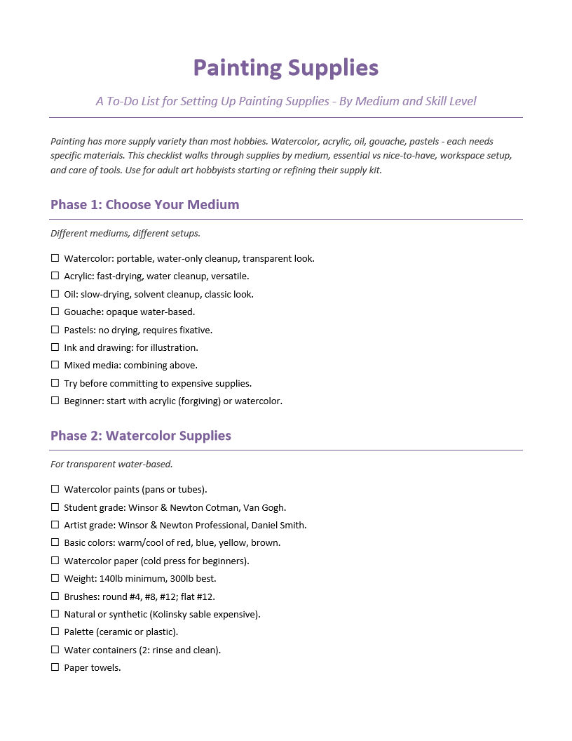 Painting Supplies To-Do List