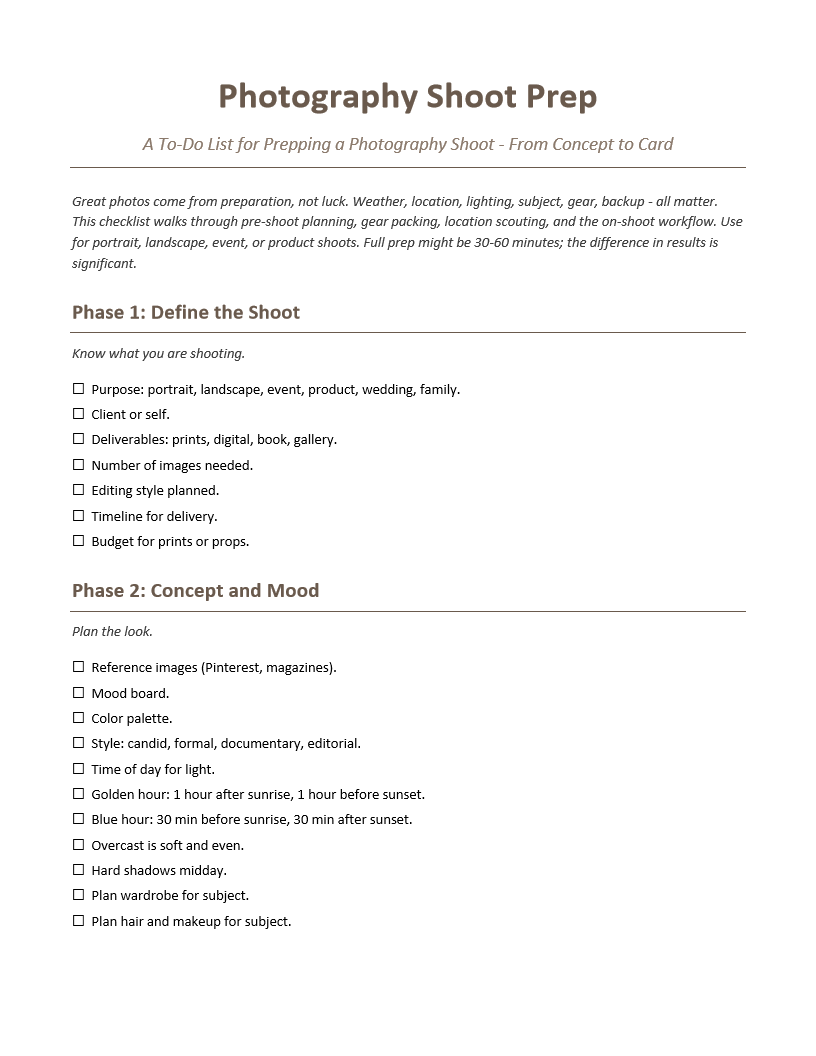 Photography Shoot Prep To-Do List