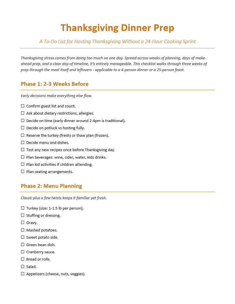 Thanksgiving Dinner Prep To-Do List