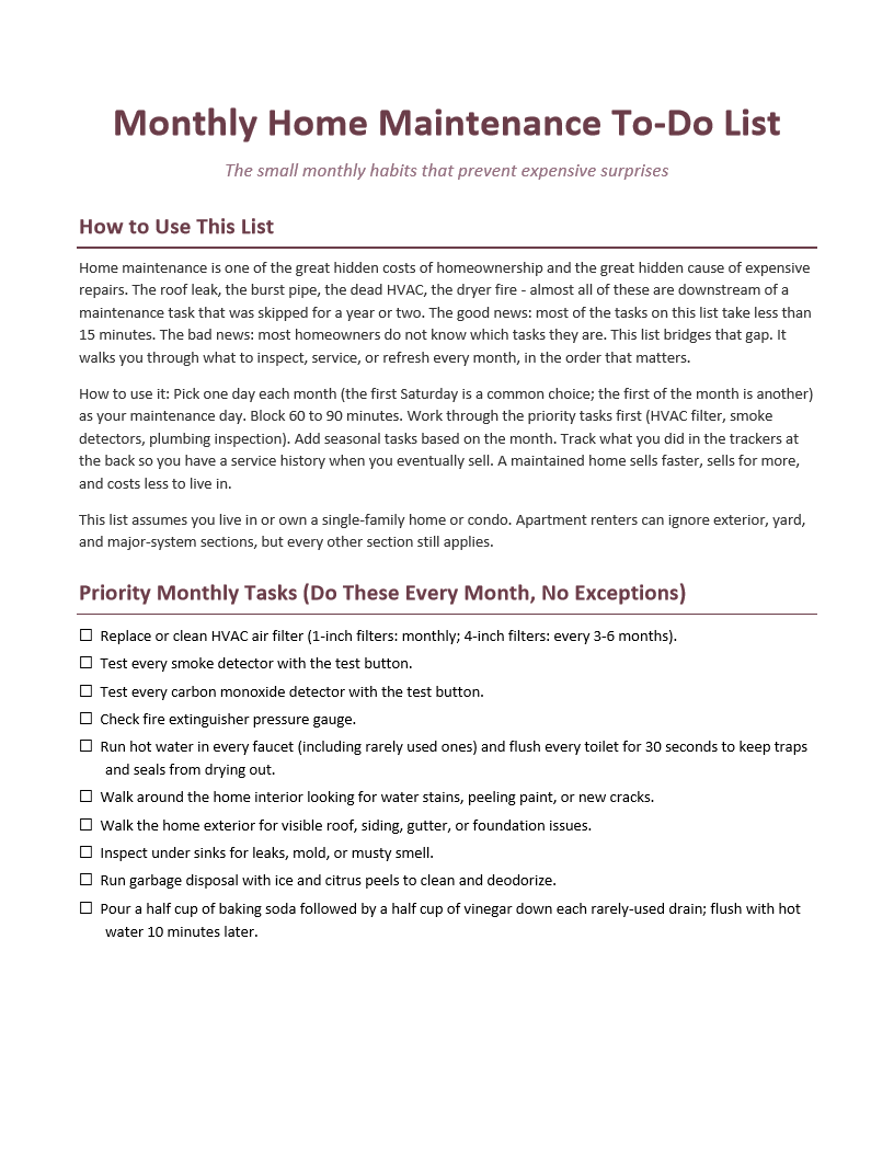 Monthly Home Maintenance To-Do List