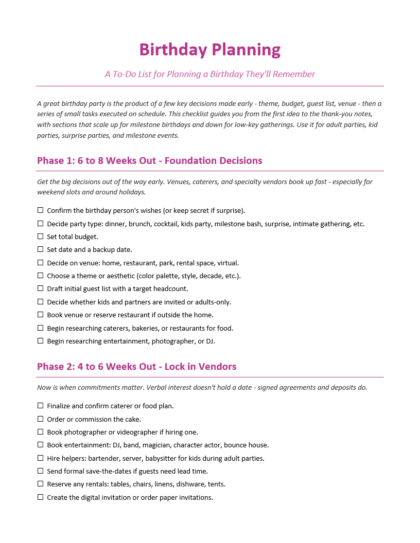Birthday Planning To-Do List