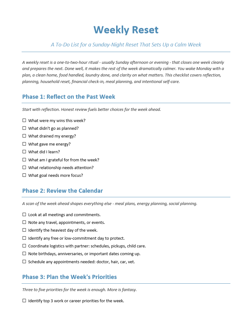 Weekly Reset To-Do List