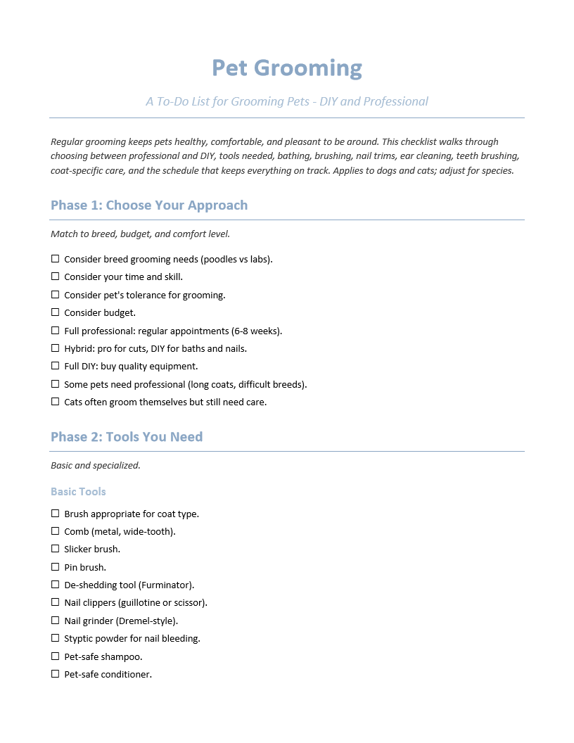 Pet Grooming To-Do List