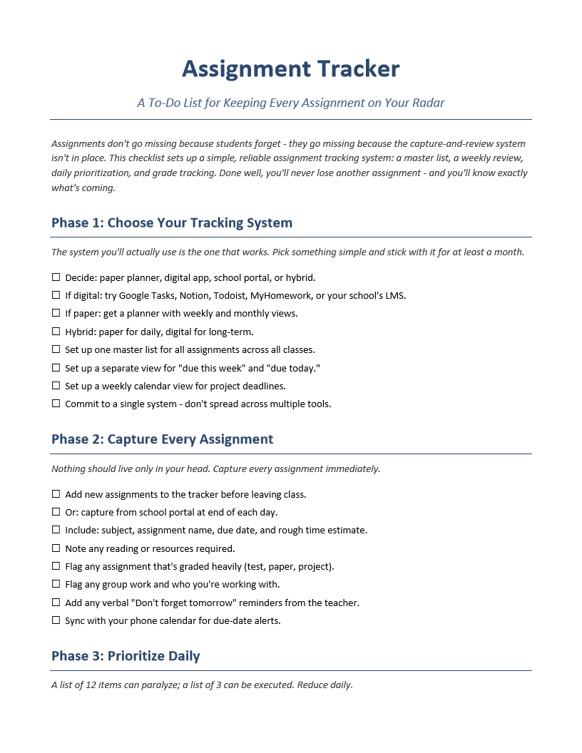 Assignment Tracker To-Do List