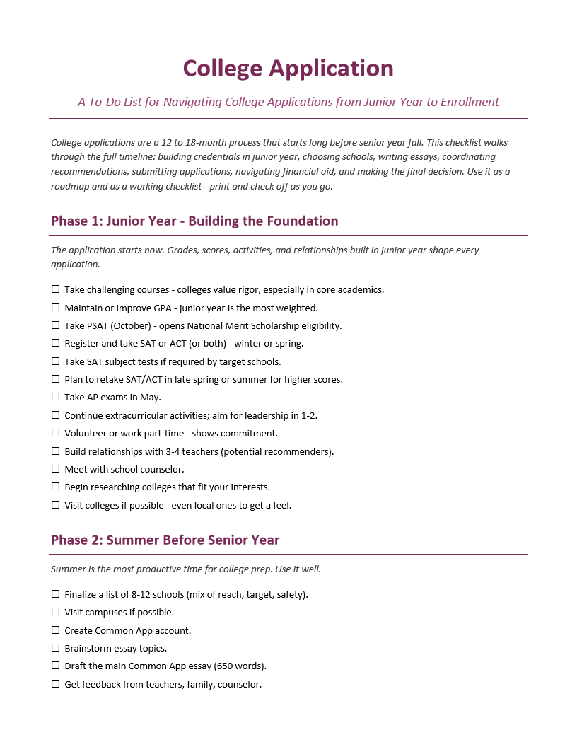 College Application To-Do List
