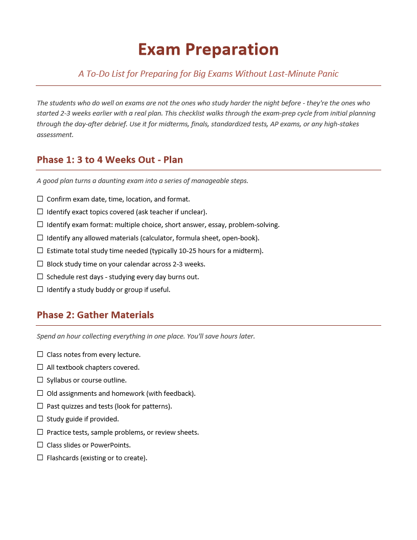 Exam Preparation To-Do List