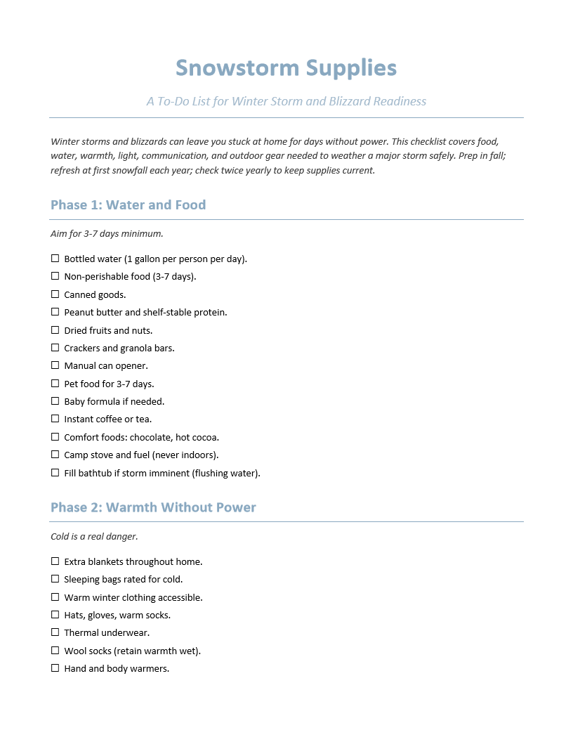Snowstorm Supplies To-Do List