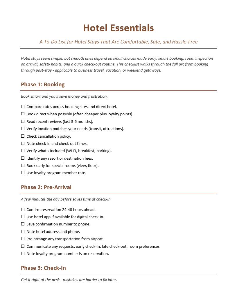 Hotel Essentials To-Do List
