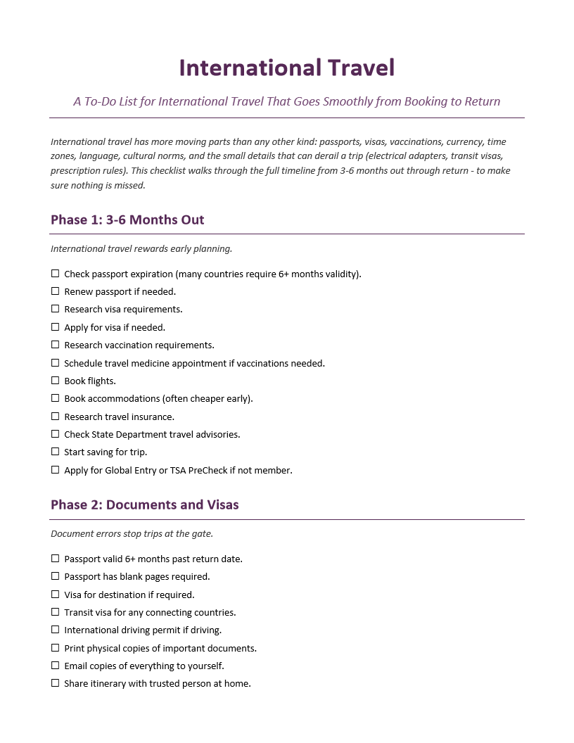 International Travel To-Do List