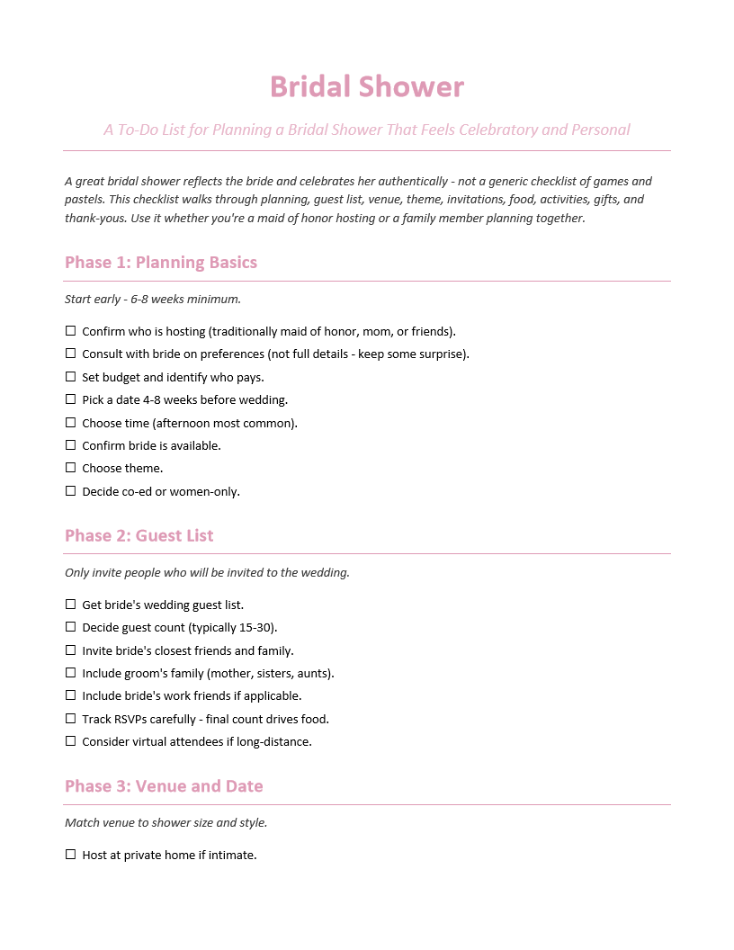 Bridal Shower To-Do List