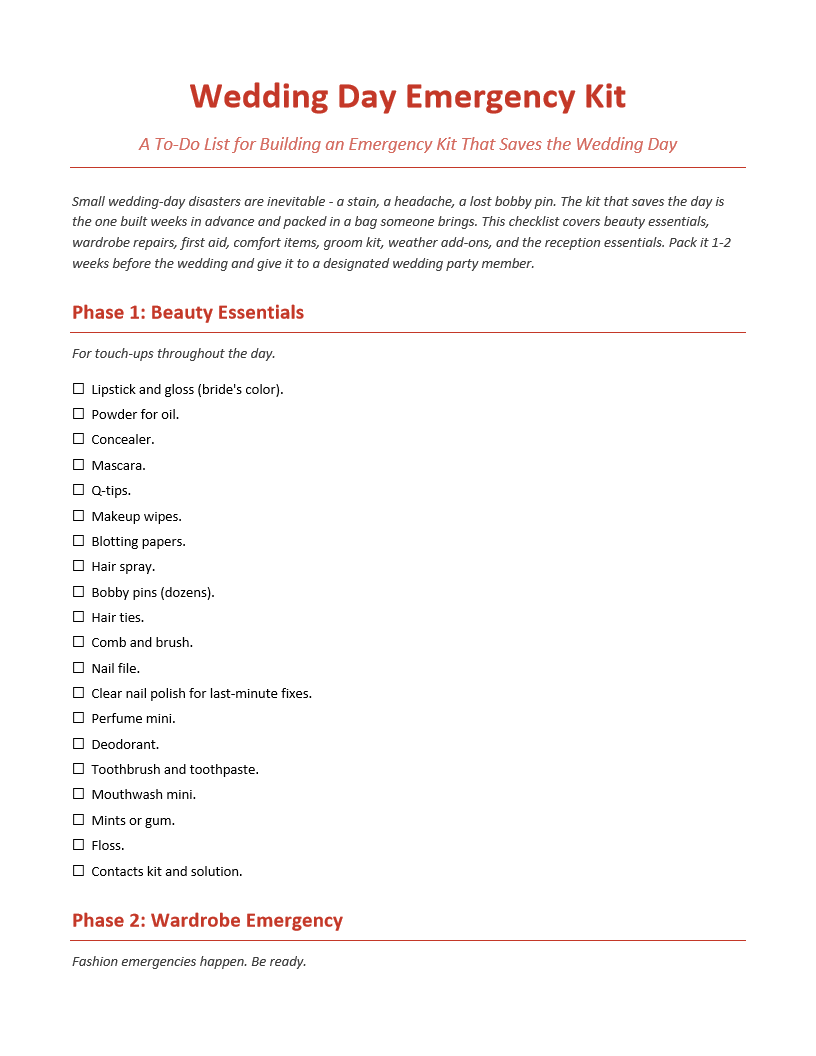 Wedding Day Emergency Kit To-Do List