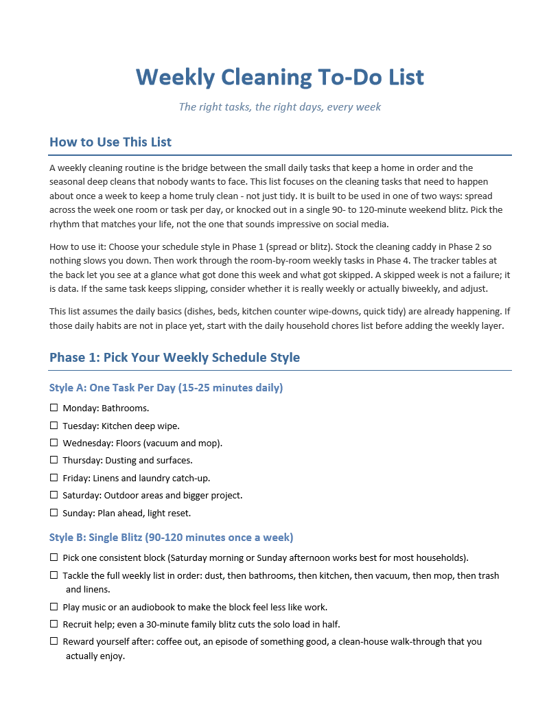 Weekly Cleaning To-Do List